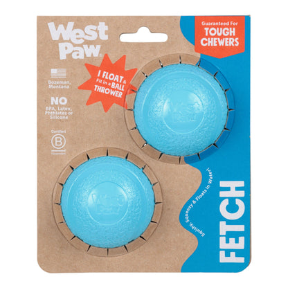 West Paw dog toy packaging with two blue balls on a brown and blue background