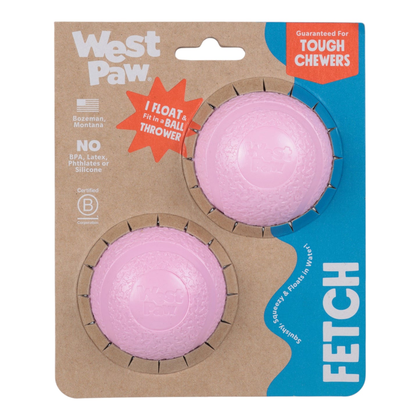 Pink dog toys in West Paw packaging on a white background