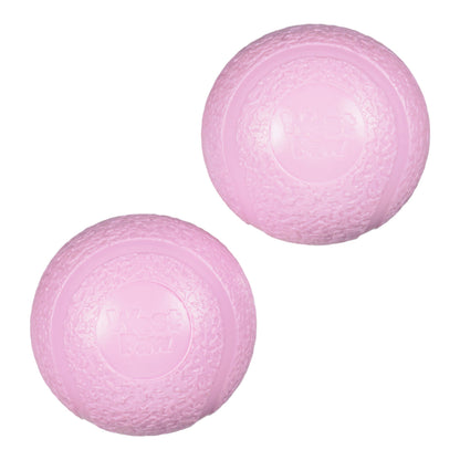 Two pink exercise balls on a white background