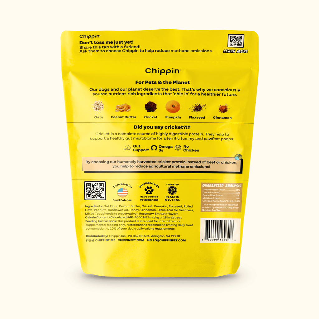 Yellow package of Chippin dog food with text and QR code on a white background