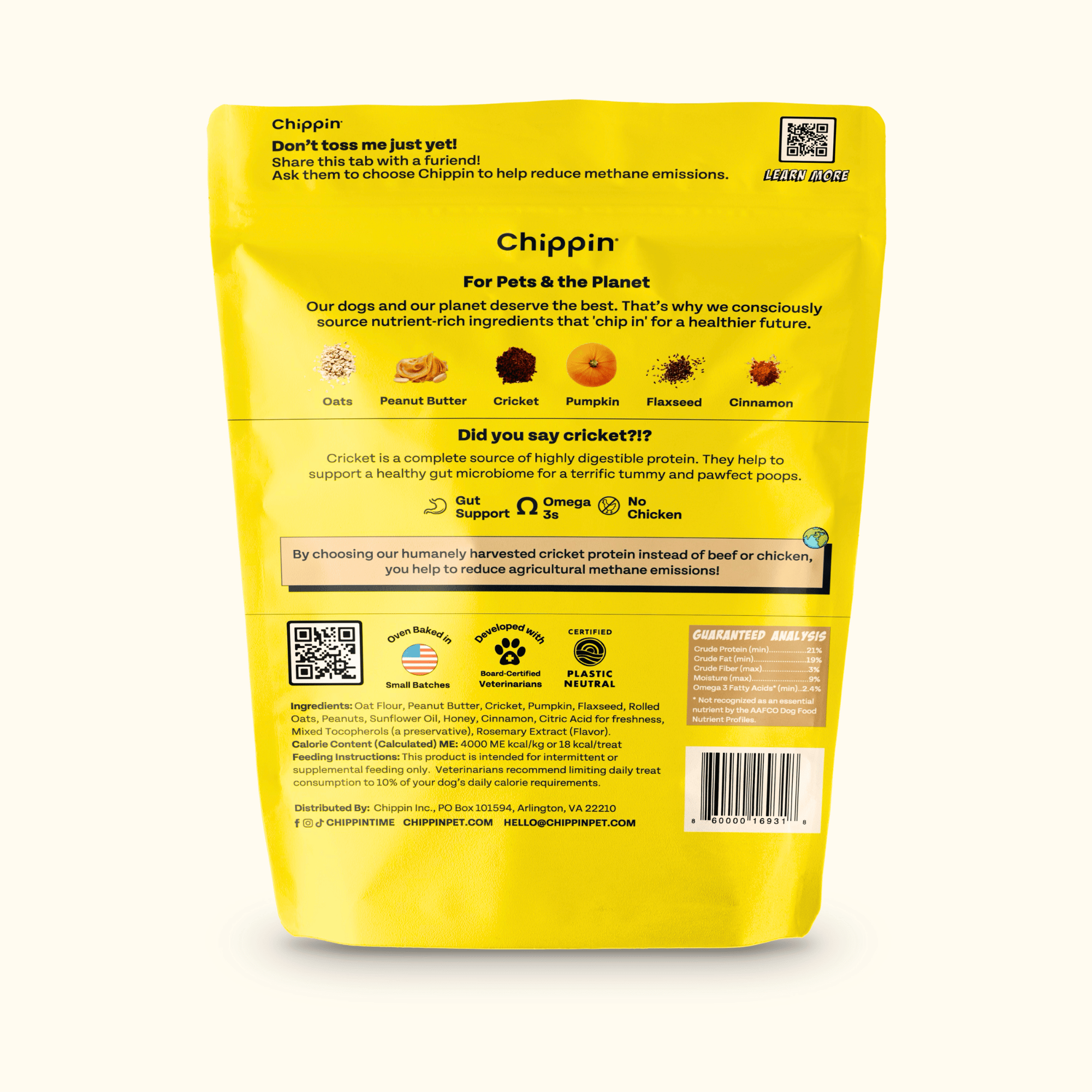 Yellow package of Chippin dog food with text and QR code on a white background