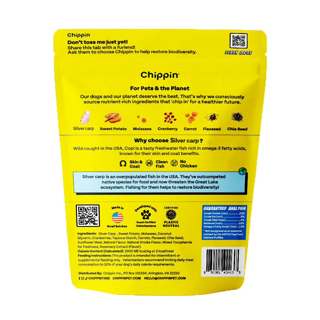 Yellow package of Chippin dog food with text and icons on a white background