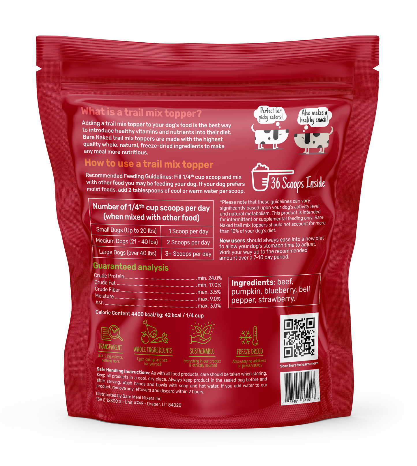 Red package of a trail mix topper with text and QR code on a white background