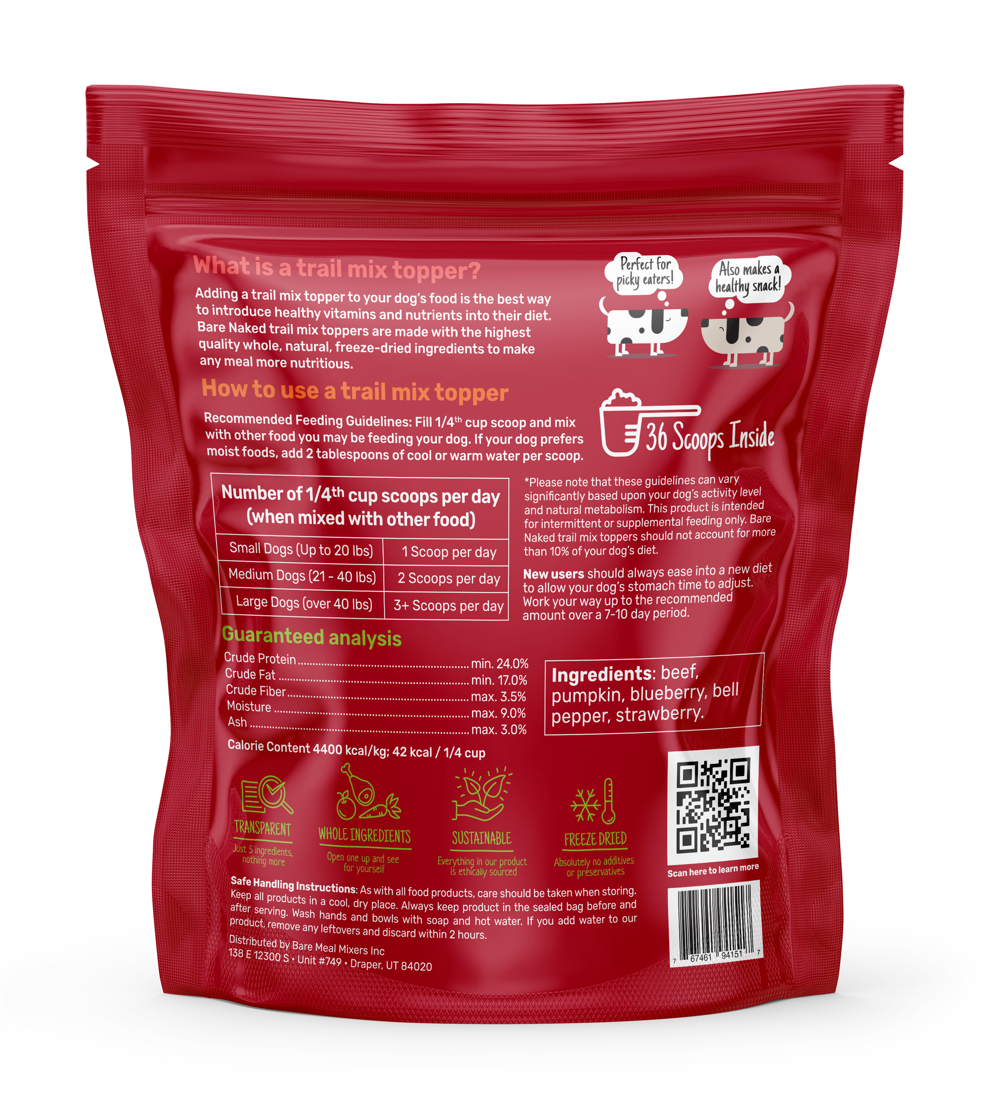 Red package of a trail mix topper with text and QR code on a white background