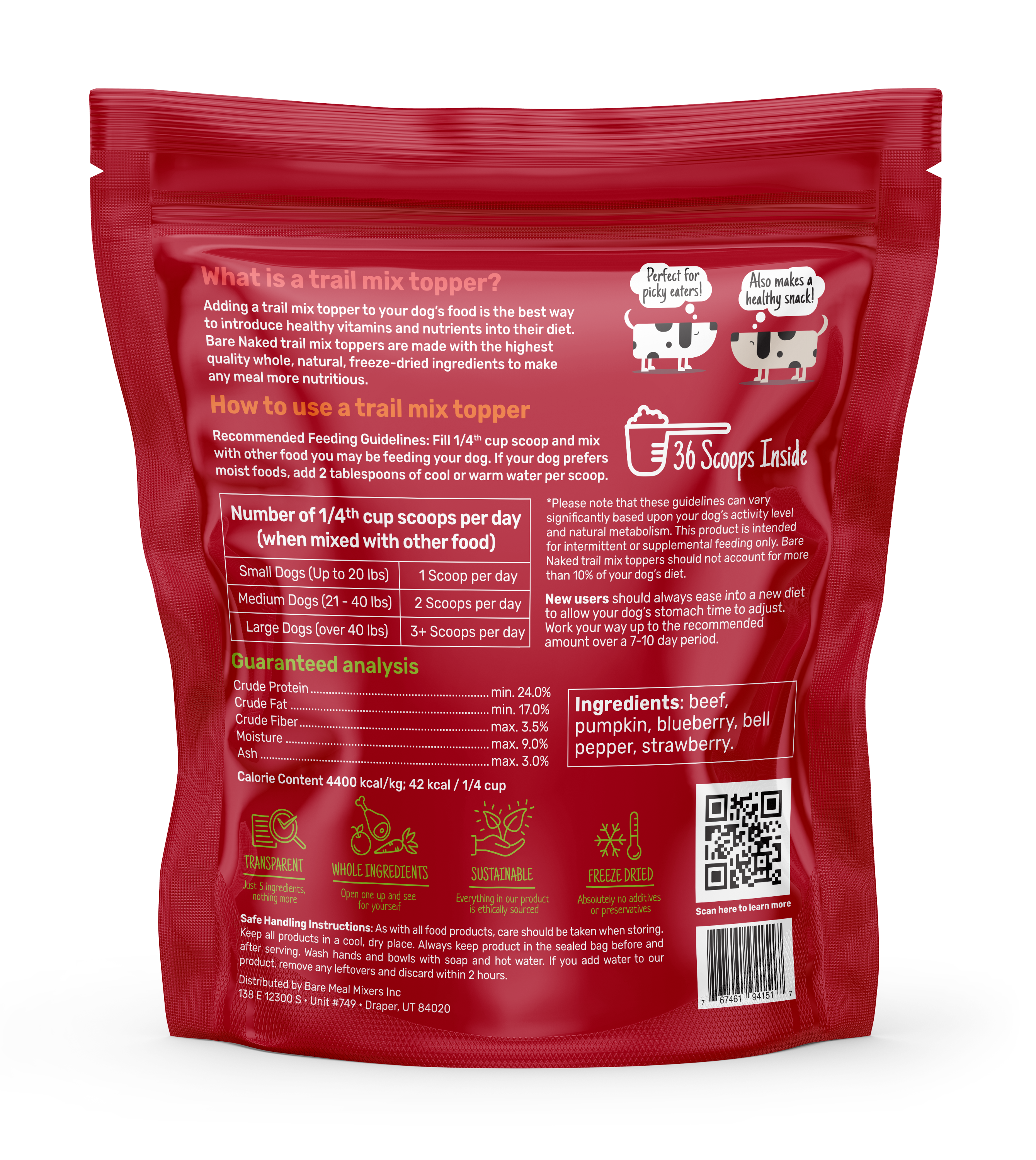 Red package of a trail mix topper with text and QR code on a white background