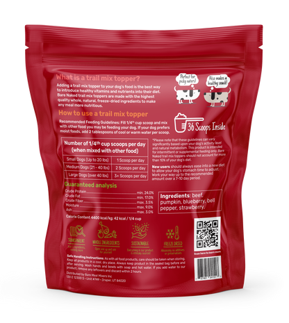 Red package of a trail mix topper with text and QR code on a white background