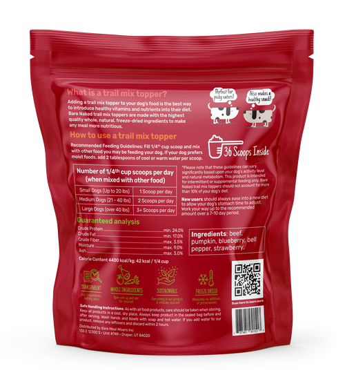 Red package of a trail mix topper with text and QR code on a white background