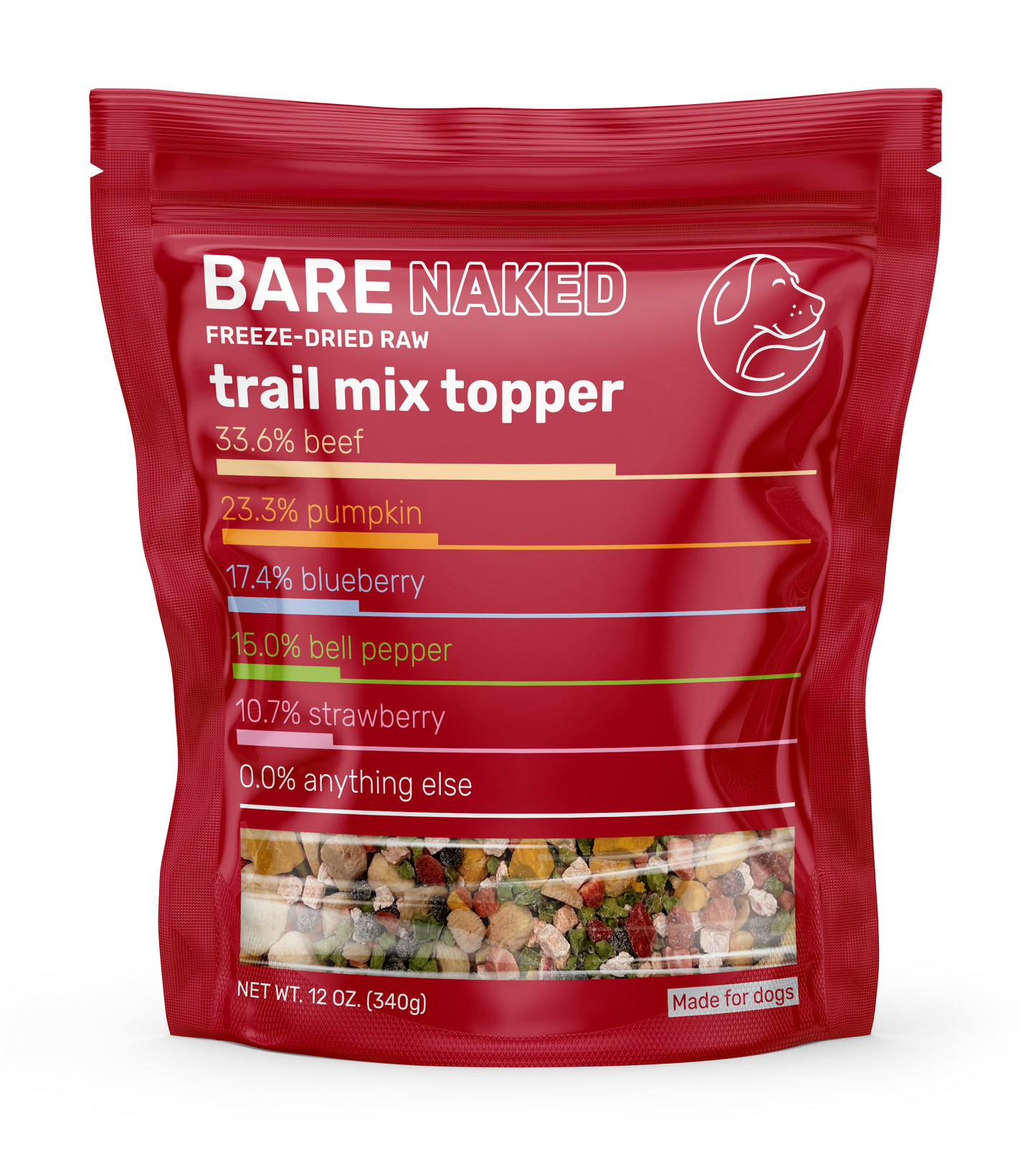 Red package of Bare Naked freeze-dried raw trail mix topper on a white background