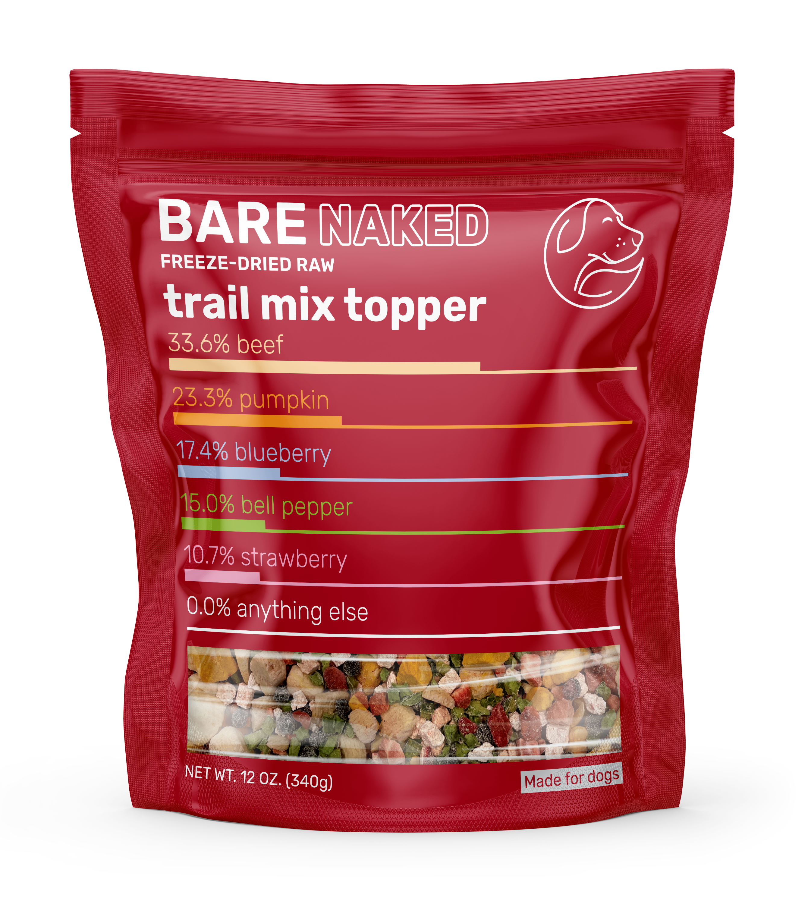 Red package of Bare Naked freeze-dried raw trail mix topper on a white background