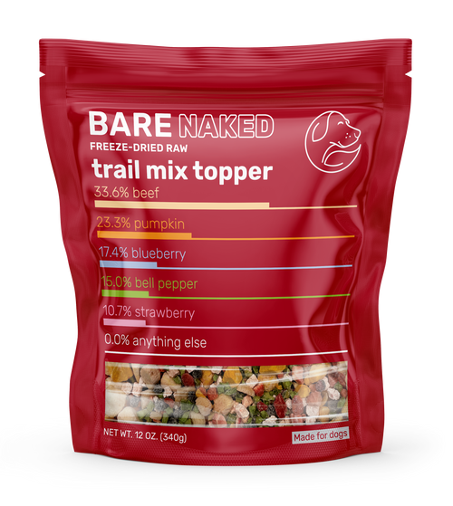 Red package of Bare Naked freeze-dried raw trail mix topper on a white background