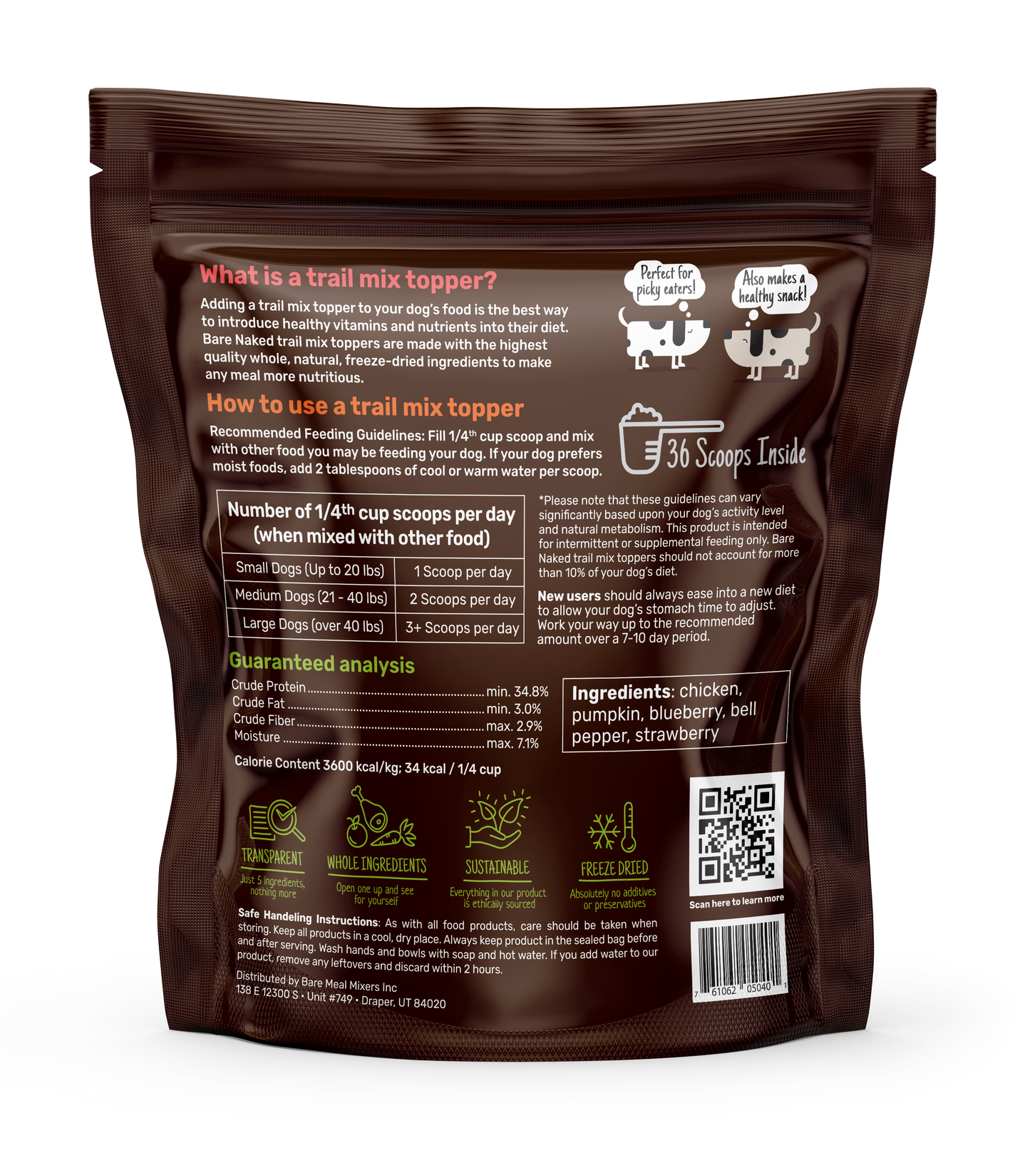 Back of a trail mix topper package with text and QR code on a white background