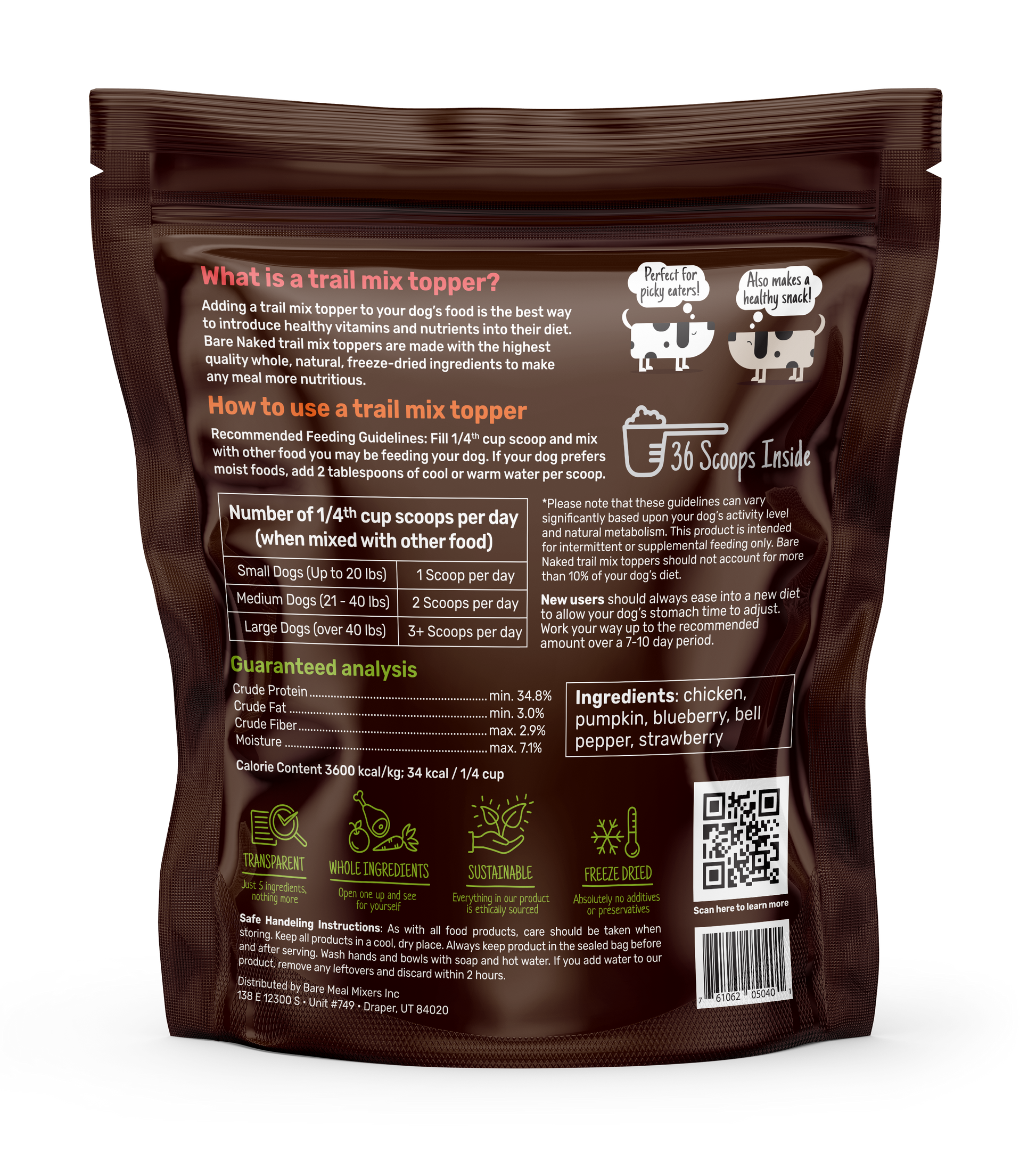 Back of a trail mix topper package with text and QR code on a white background