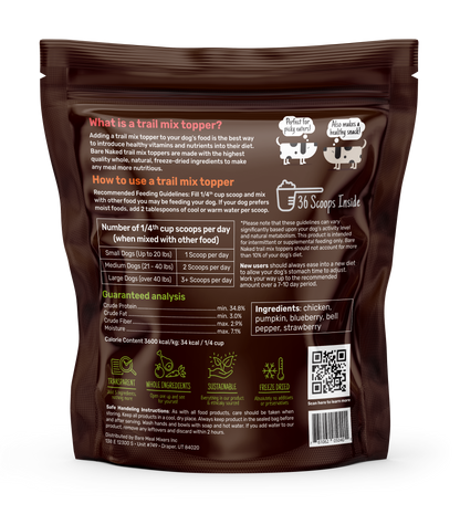 Back of a trail mix topper package with text and QR code on a white background