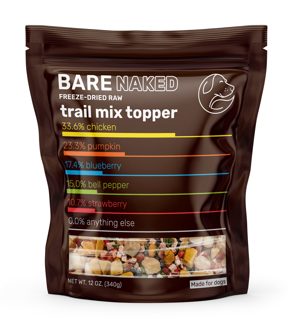 Bag of Bare Naked freeze-dried raw trail mix topper with nutritional information on a white background
