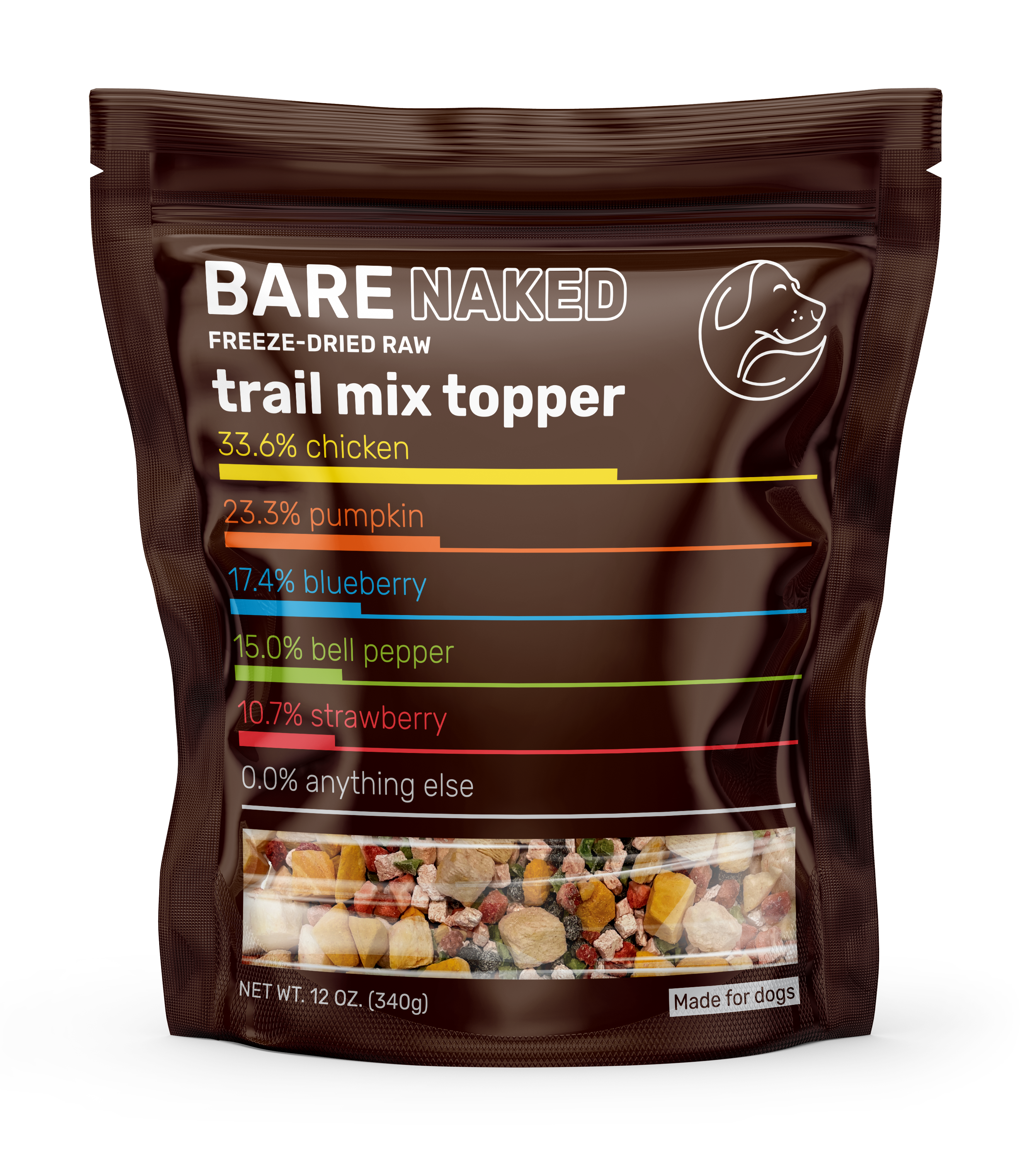 Bag of Bare Naked freeze-dried raw trail mix topper with nutritional information on a white background