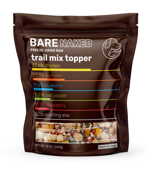 Bag of Bare Naked freeze-dried raw trail mix topper with nutritional information on a white background