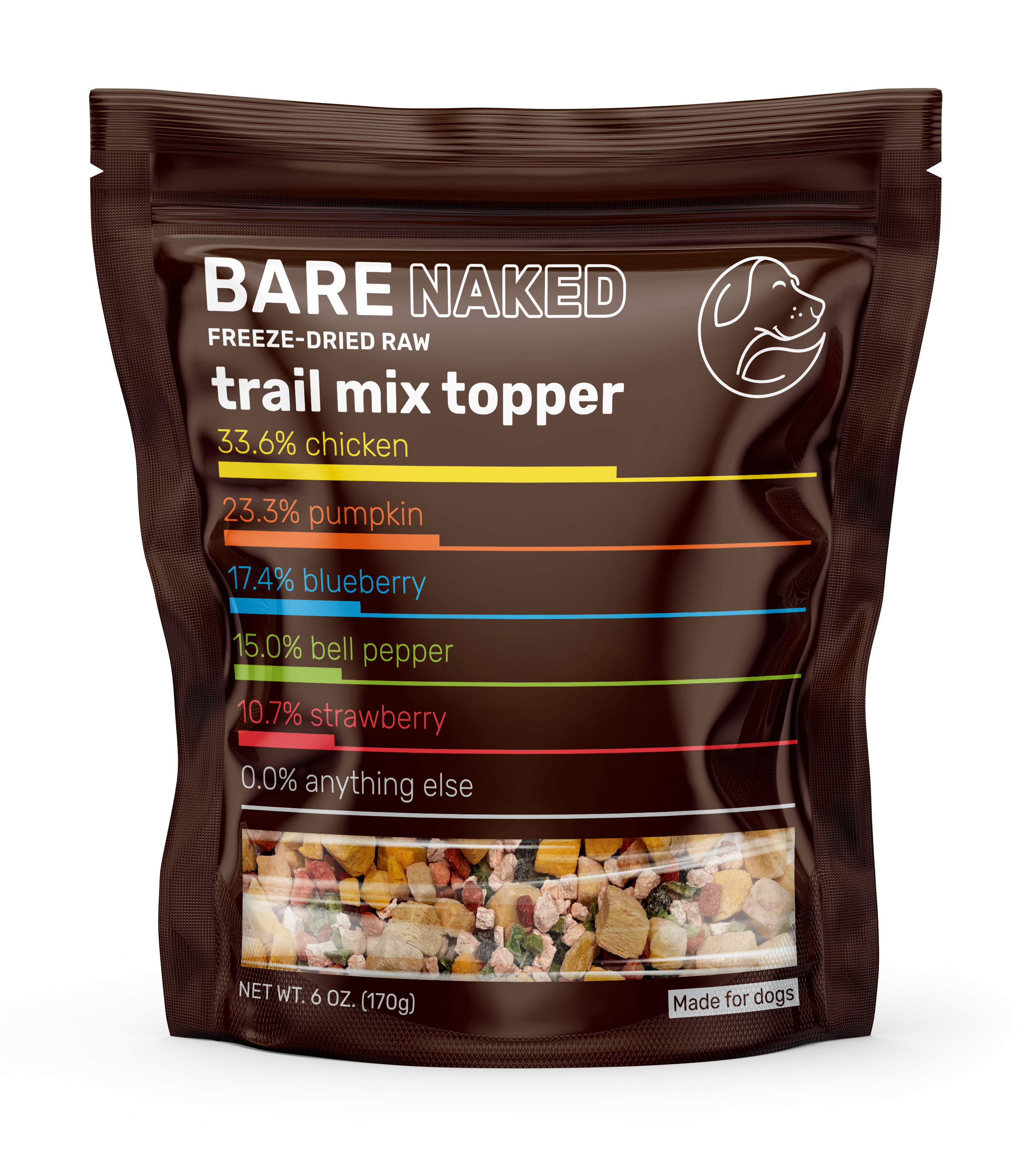 Bag of Bare Naked freeze-dried raw trail mix topper with nutritional information on a white background
