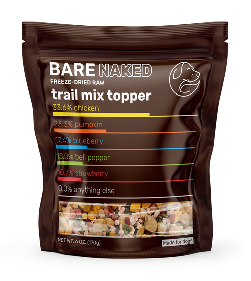 Bag of Bare Naked freeze-dried raw trail mix topper with nutritional information on a white background