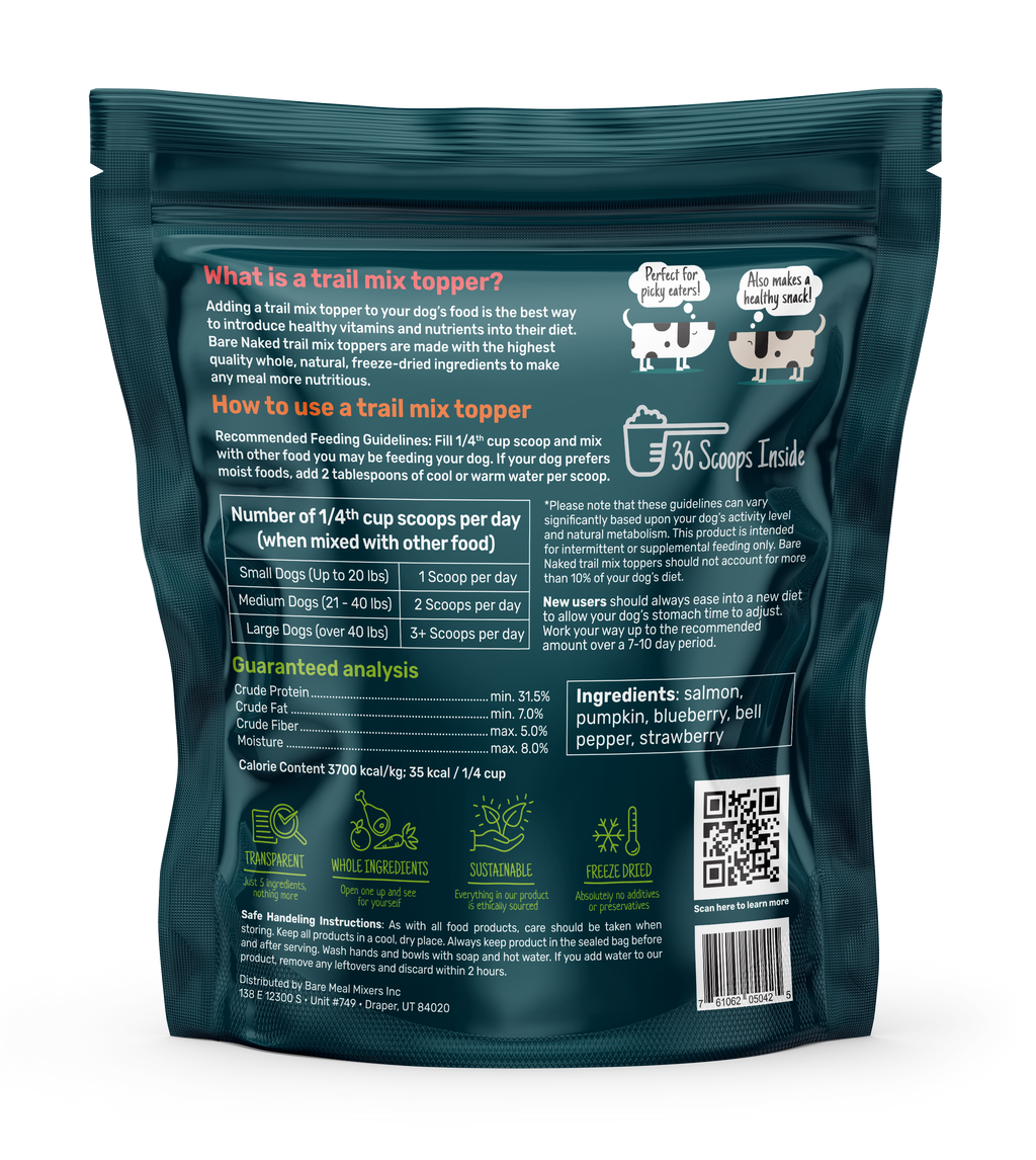 Back of a dog food packaging with text and QR code on a white background