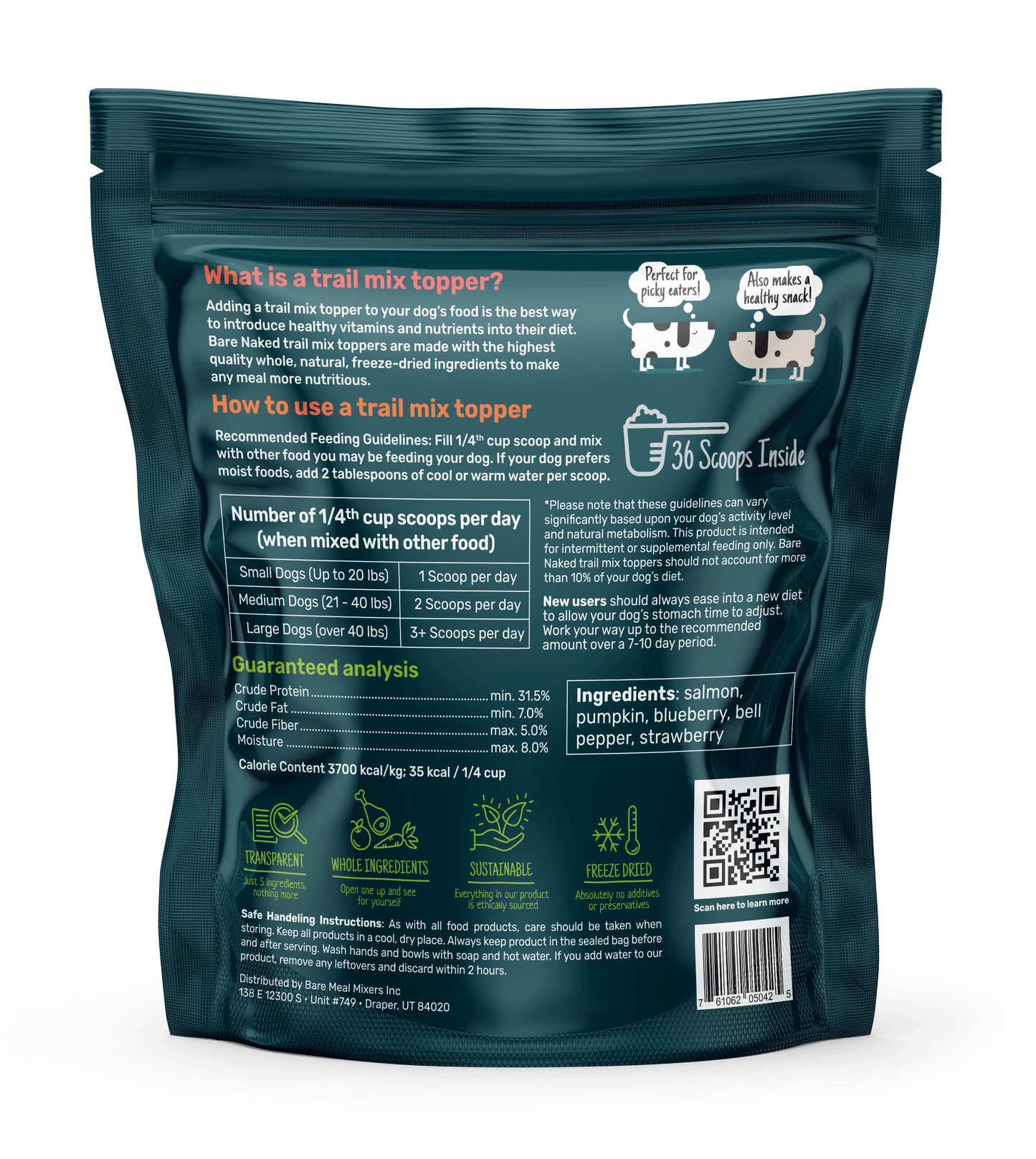 Back of a dog food packaging with text and QR code on a white background