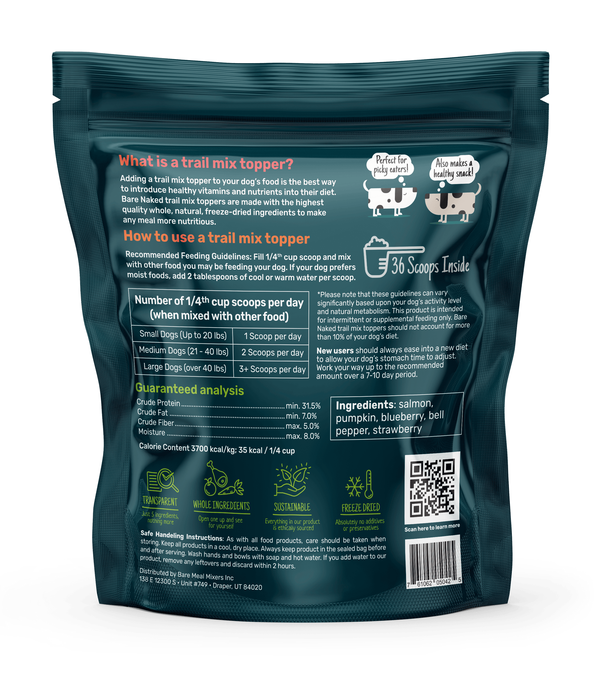 Back of a dog food packaging with text and QR code on a white background