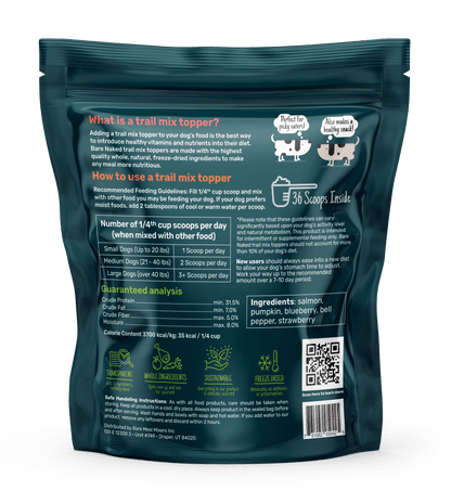 Back of a dog food packaging with text and QR code on a white background