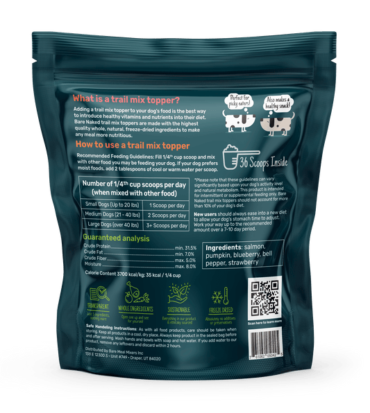 Back of a dog food packaging with text and QR code on a white background