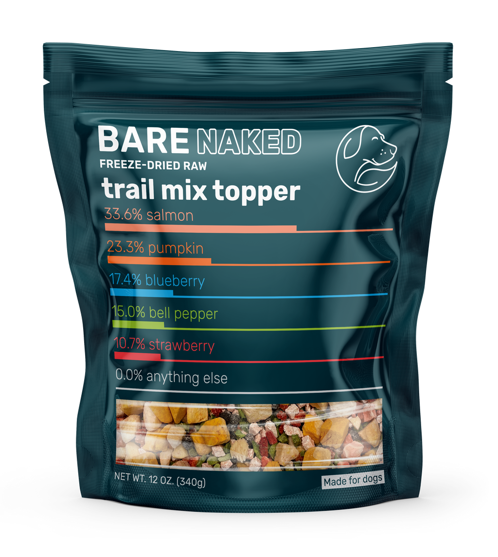 Bag of Bare Naked freeze-dried raw trail mix topper with nutritional information on a white background