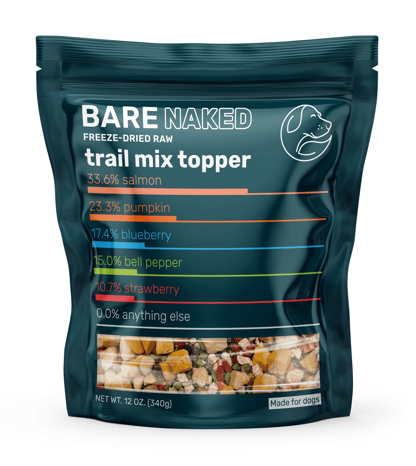 Bag of Bare Naked freeze-dried raw trail mix topper with nutritional information on a white background