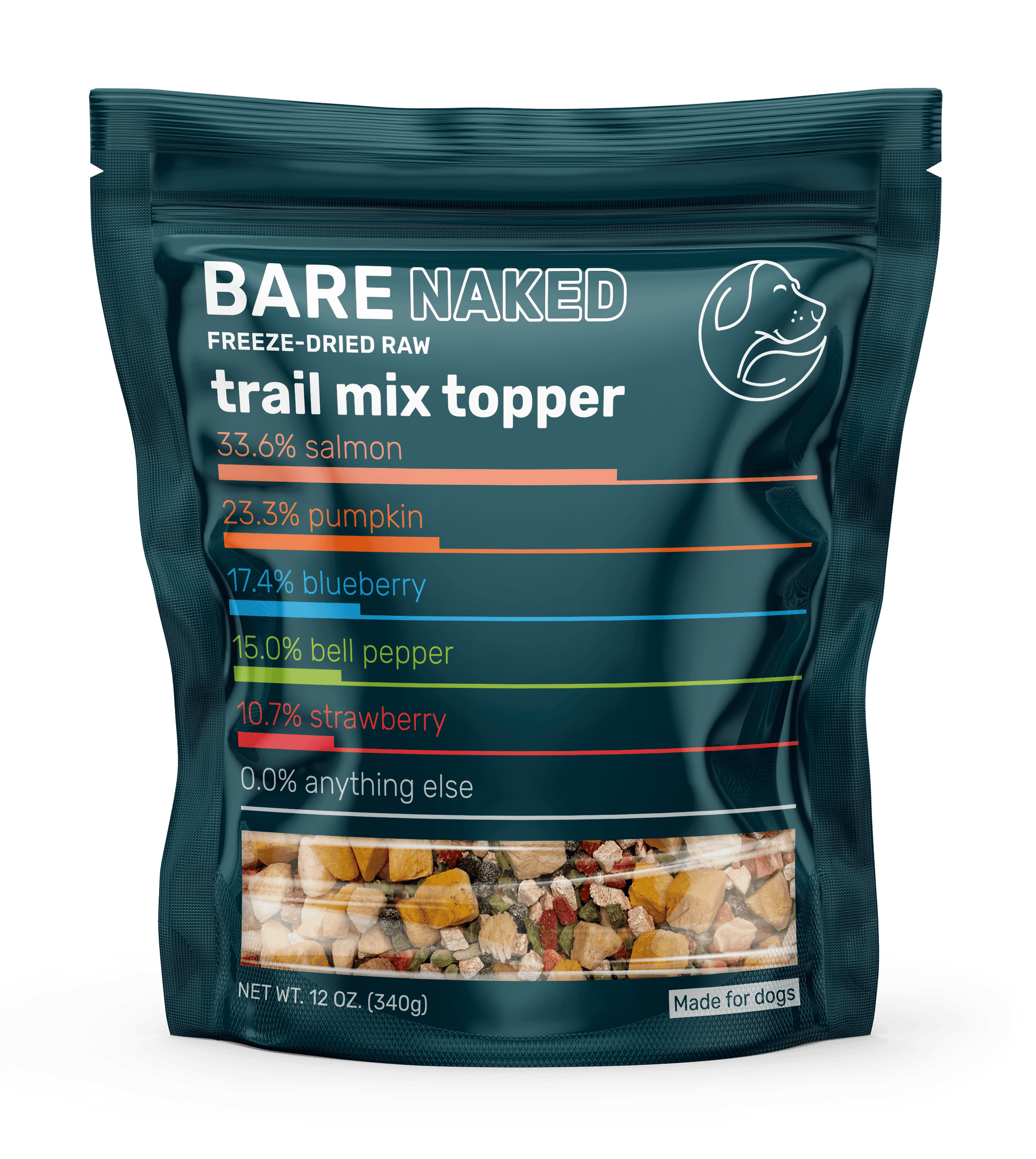 Bag of Bare Naked freeze-dried raw trail mix topper with nutritional information on a white background
