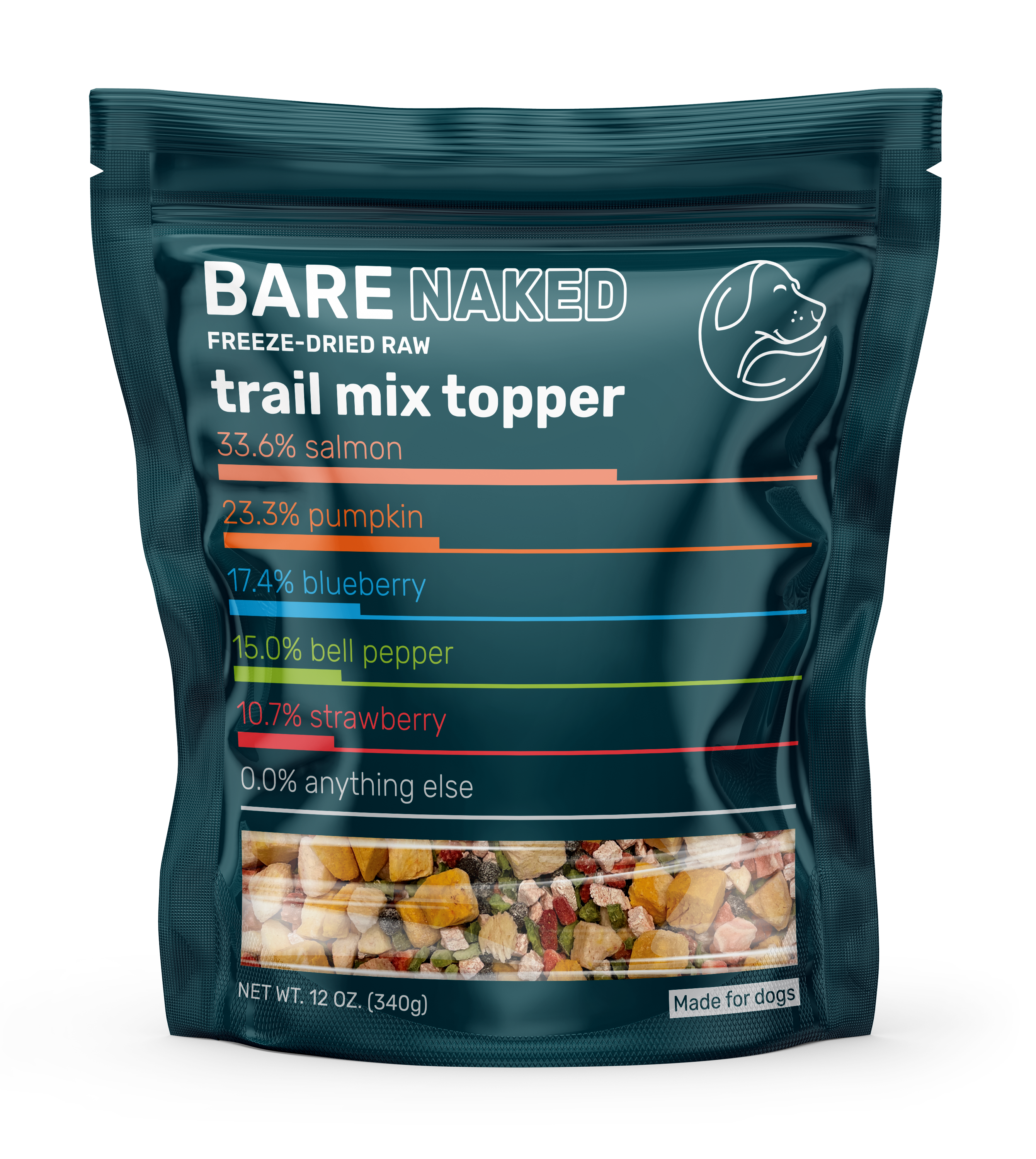 Bag of Bare Naked freeze-dried raw trail mix topper with nutritional information on a white background