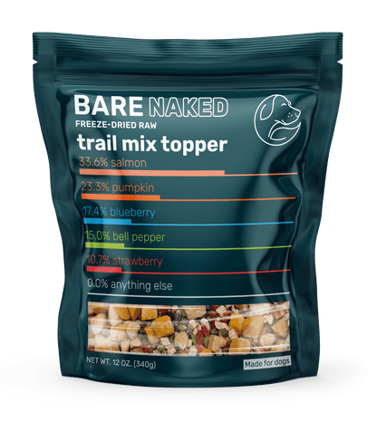 Bag of Bare Naked freeze-dried raw trail mix topper with nutritional information on a white background
