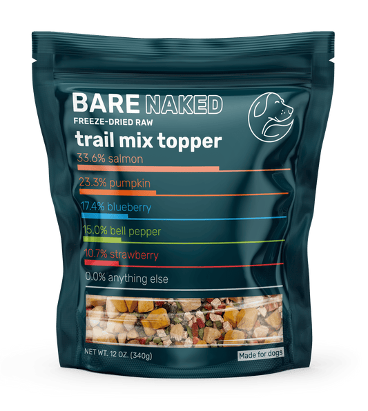 Bag of Bare Naked freeze-dried raw trail mix topper with nutritional information on a white background