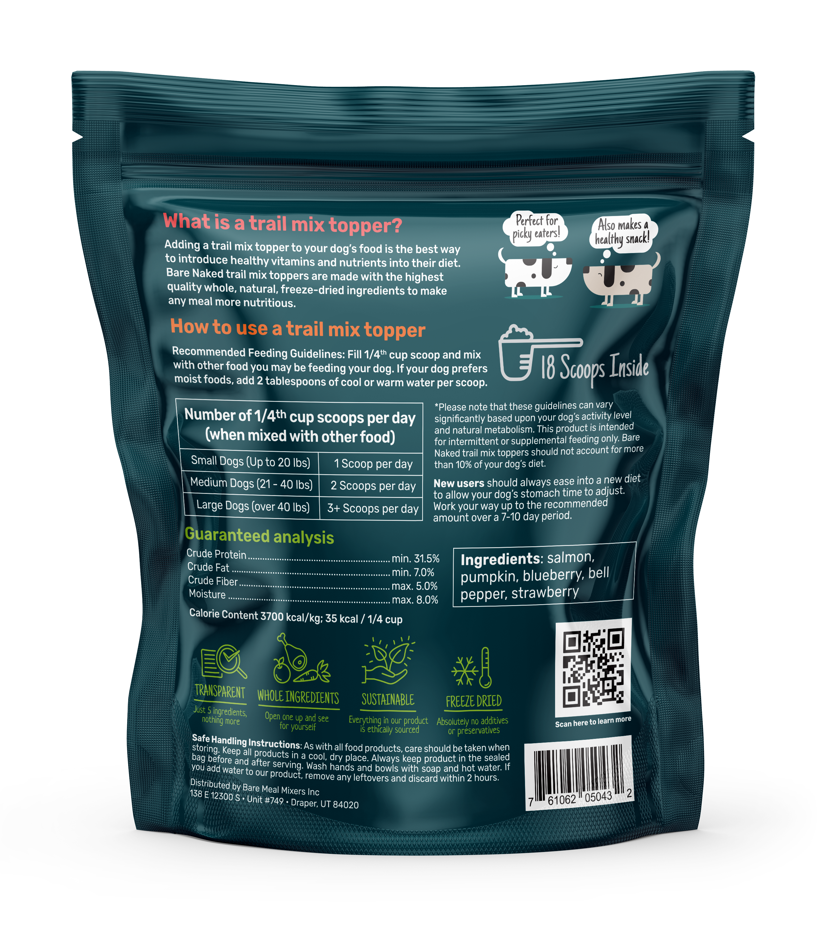 Back of a green pet food package with text and QR code on a white background