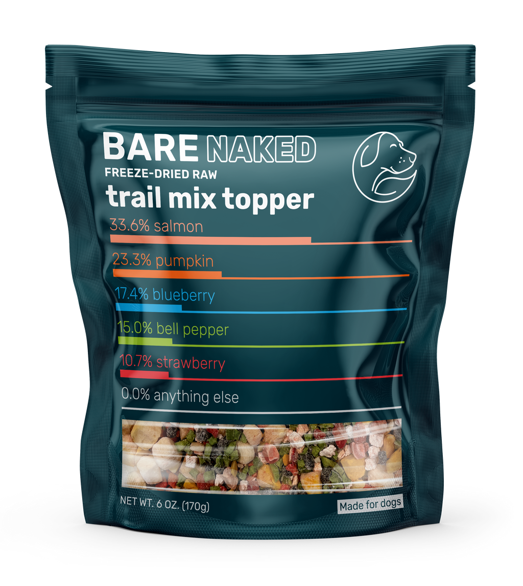 Bag of Bare Naked freeze-dried raw trail mix topper with nutritional information on a white background