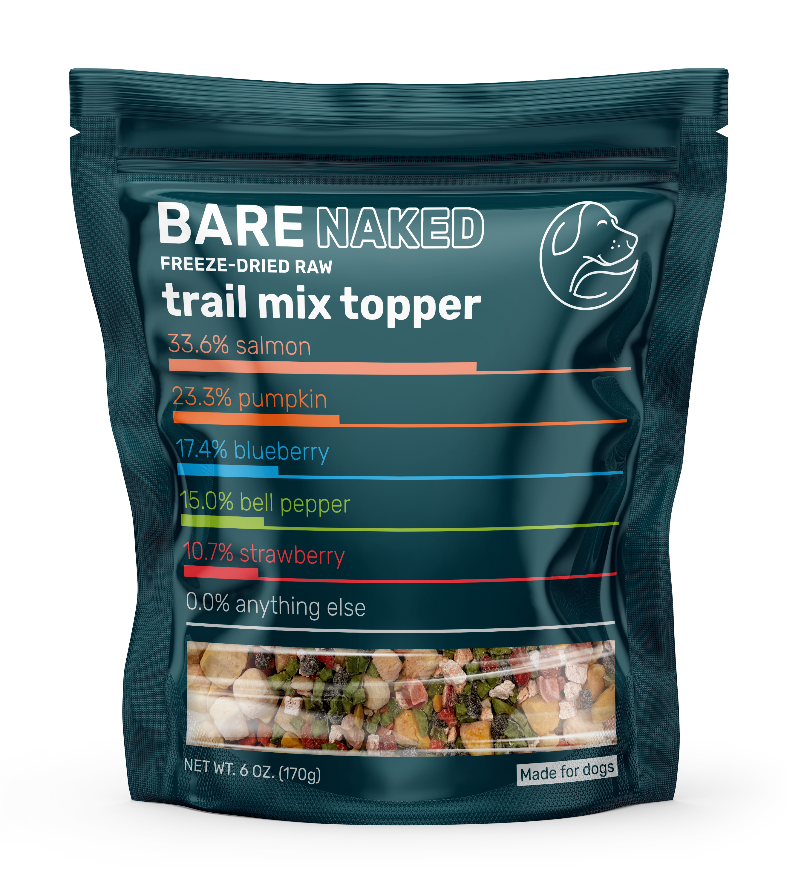 Bag of Bare Naked freeze-dried raw trail mix topper with nutritional information on a white background