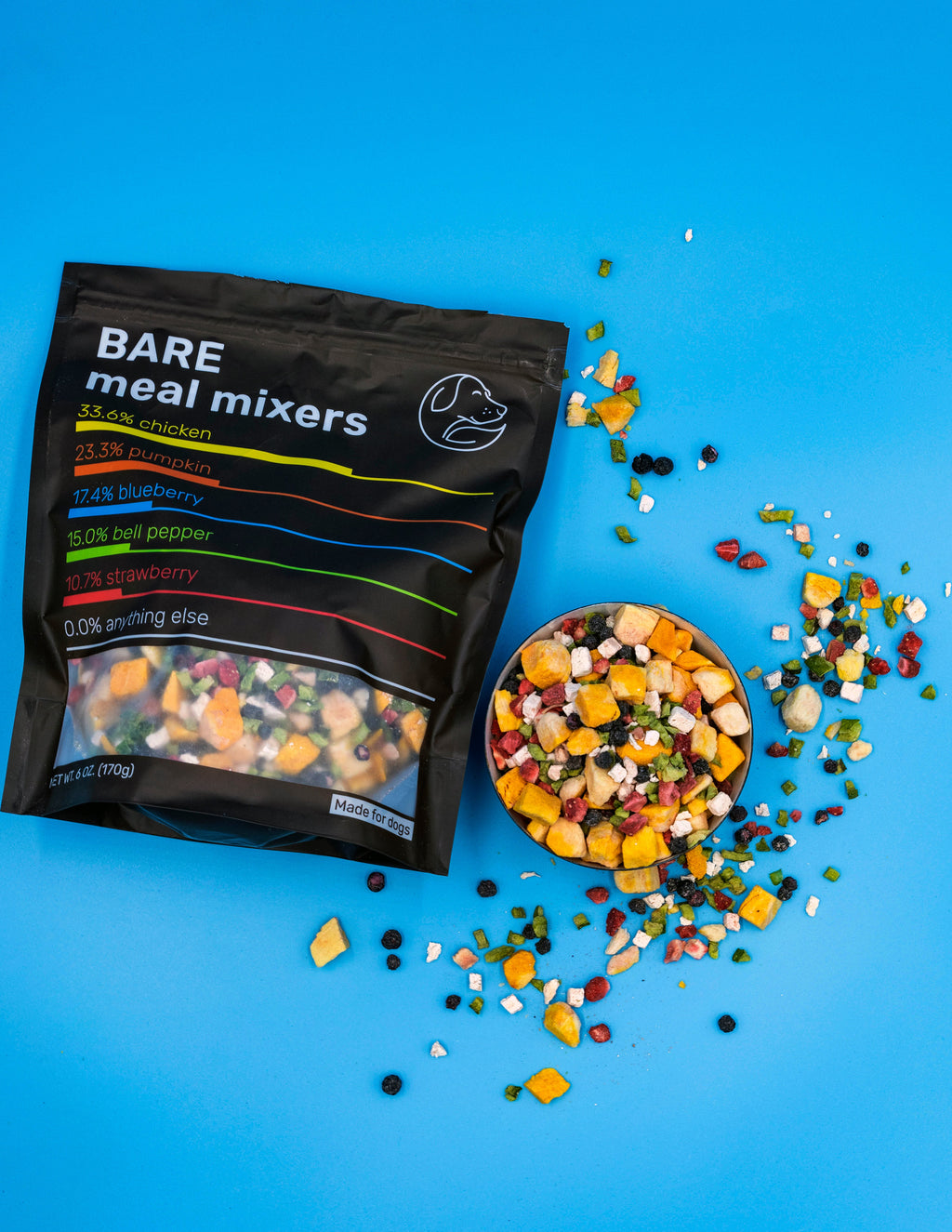 Bare meal mixers packaging with a bowl of colorful pet food on a blue background
