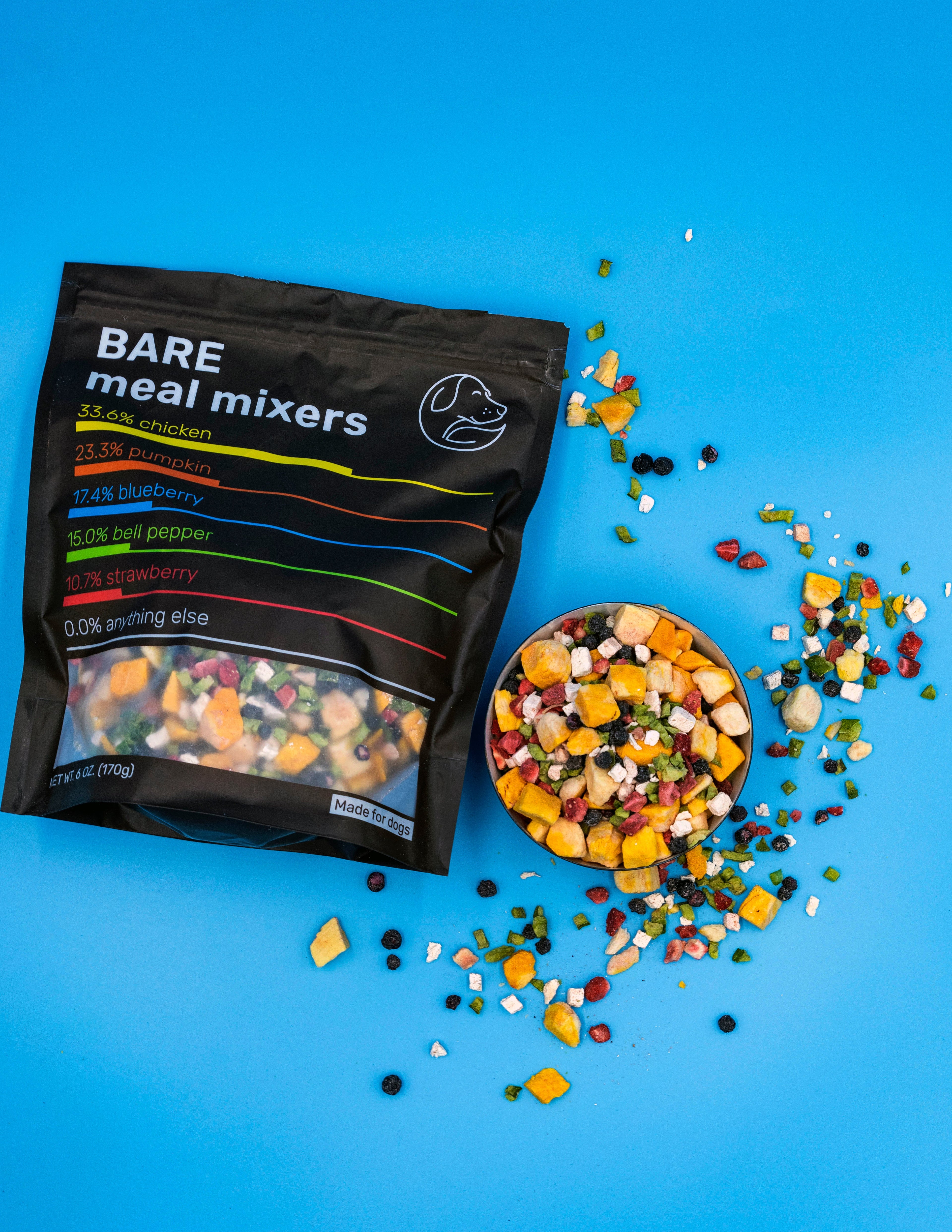 Bare meal mixers packaging with a bowl of colorful pet food on a blue background