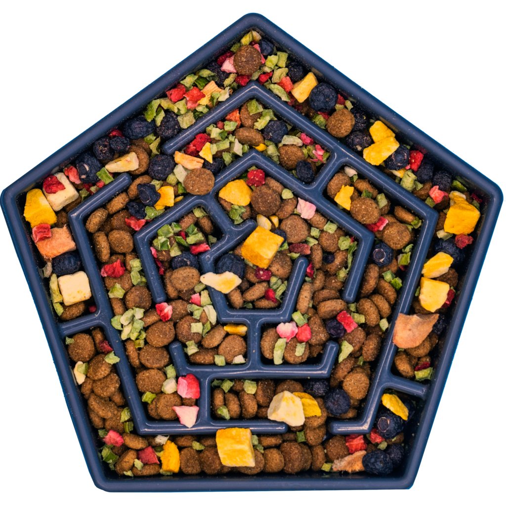 Hexagonal pet food tray with a maze design filled with colorful pet treats.