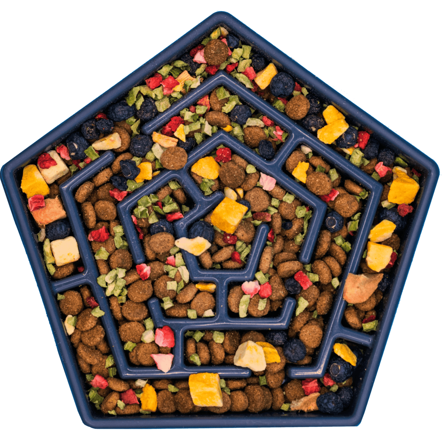 Hexagonal pet food tray with a maze design filled with colorful pet treats.