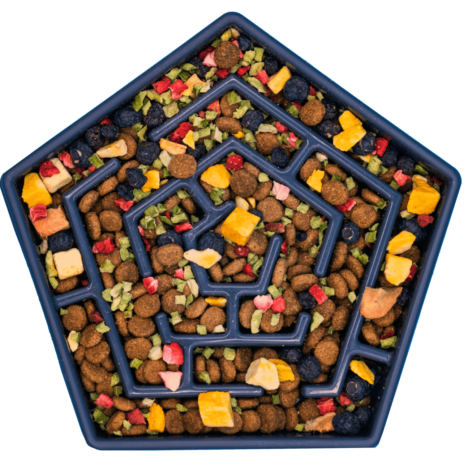 Hexagonal pet food tray with a maze design filled with colorful pet treats.