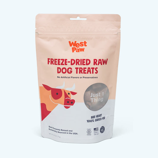 Package of West Paw freeze-dried raw dog treats on a white background