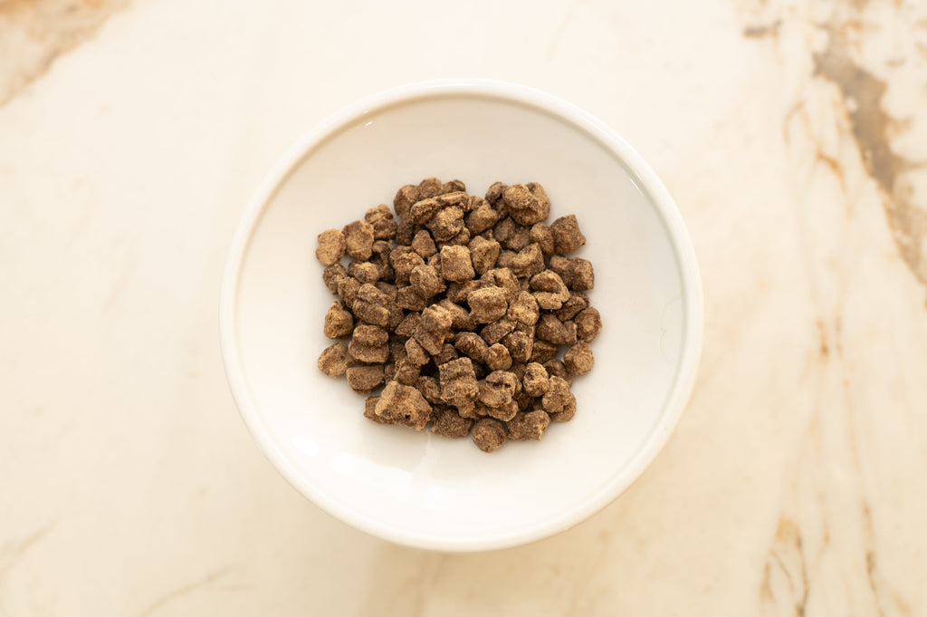 White bowl with brown pet food on a beige marble surface