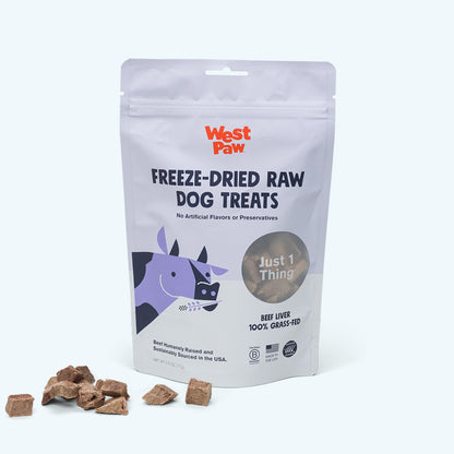 Bag of West Paw Freeze-Dried Raw Dog Treats on a white background