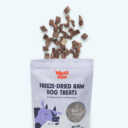 West Paw freeze-dried raw dog treats spilling out of a white packaging on a light gray background