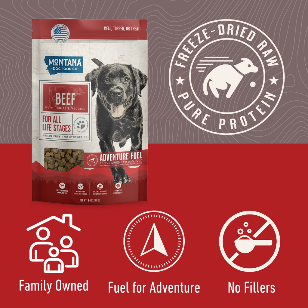 Montana Naturals beef dog food package with brand logo and product features on a red and gray background