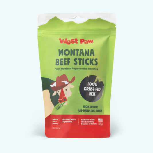 Green and red package of West Paw Montana Beef Sticks on a white background