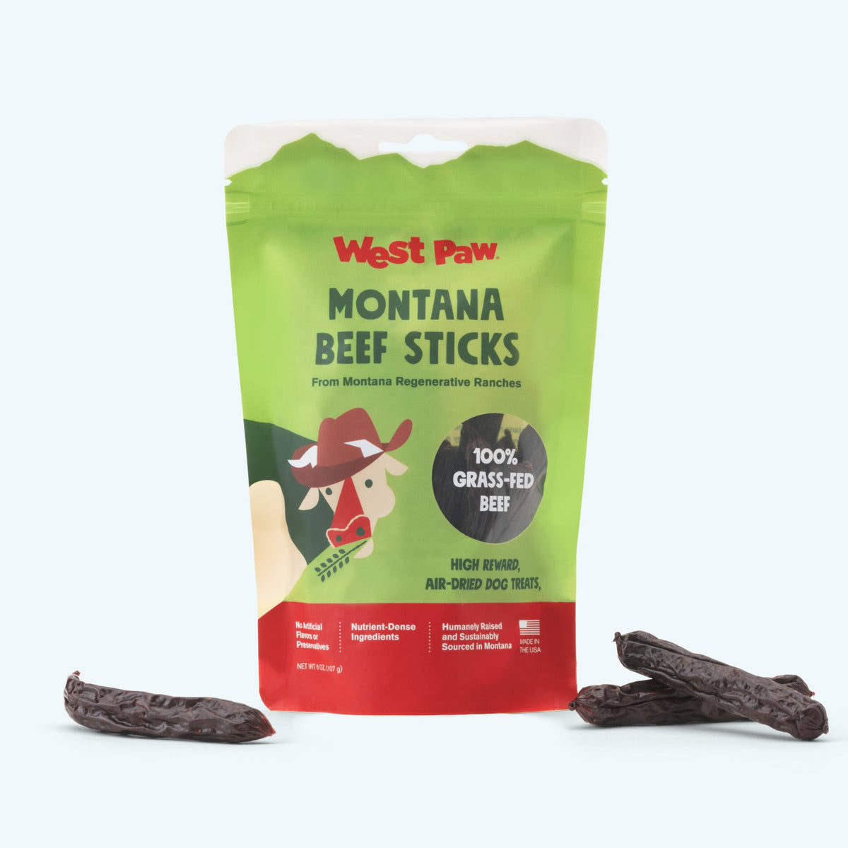 West Paw Montana Beef Sticks packaging with beef sticks on a white background