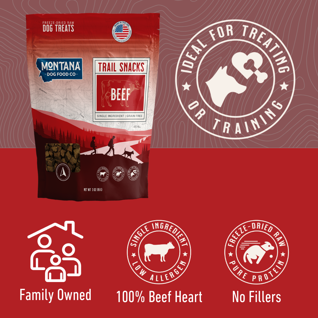 Dog treat package with branding and product details on a red background