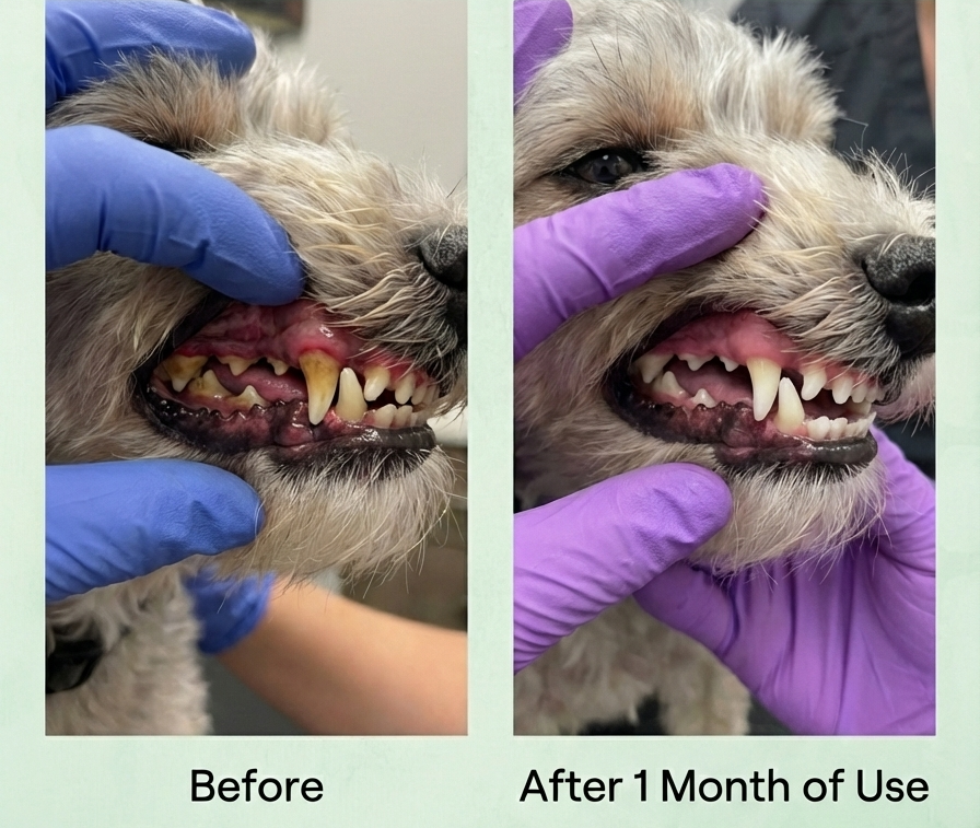 Before and after comparison of a dog's teeth with dental care product use.